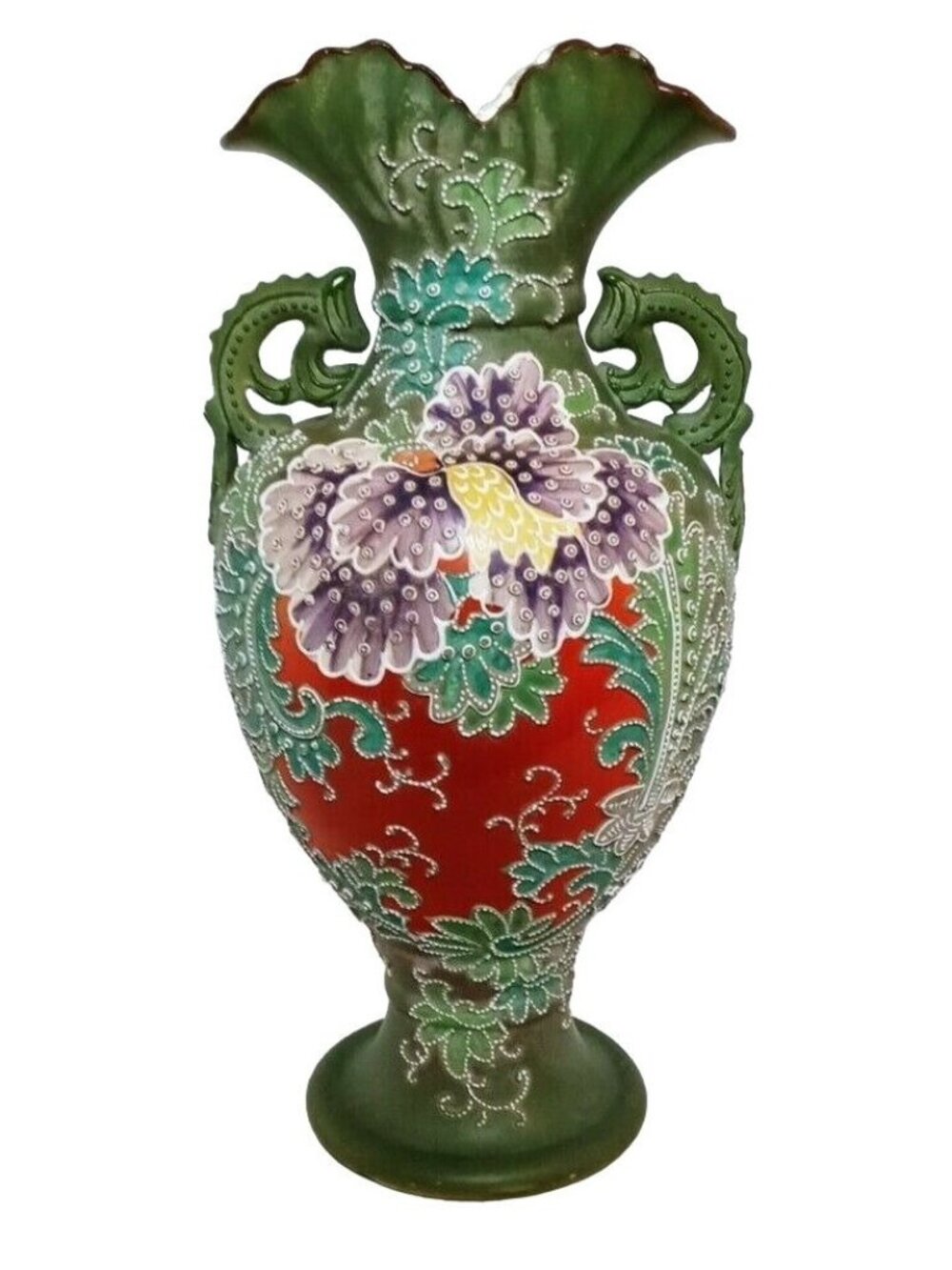Japanese Nippon Raised Moriage Vase With Lizard Handles Floral Desi